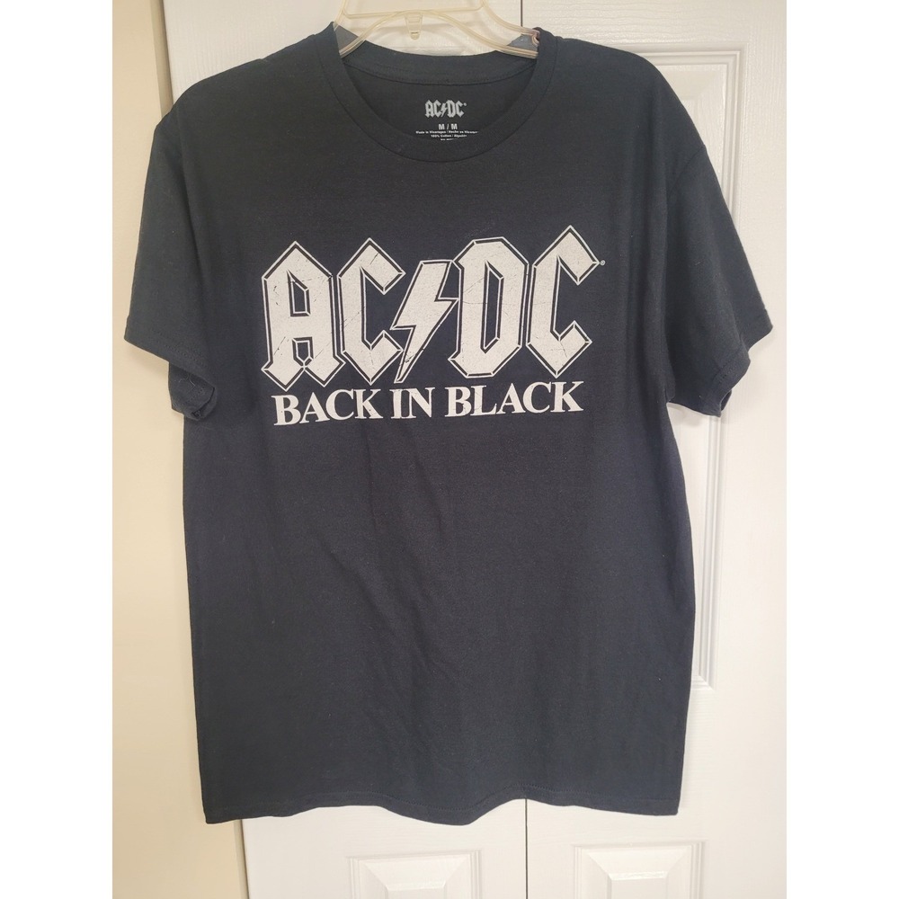 AC/DC Back in Black Distressed Graphic T-Shirt Mens Rock Band Funky Size M